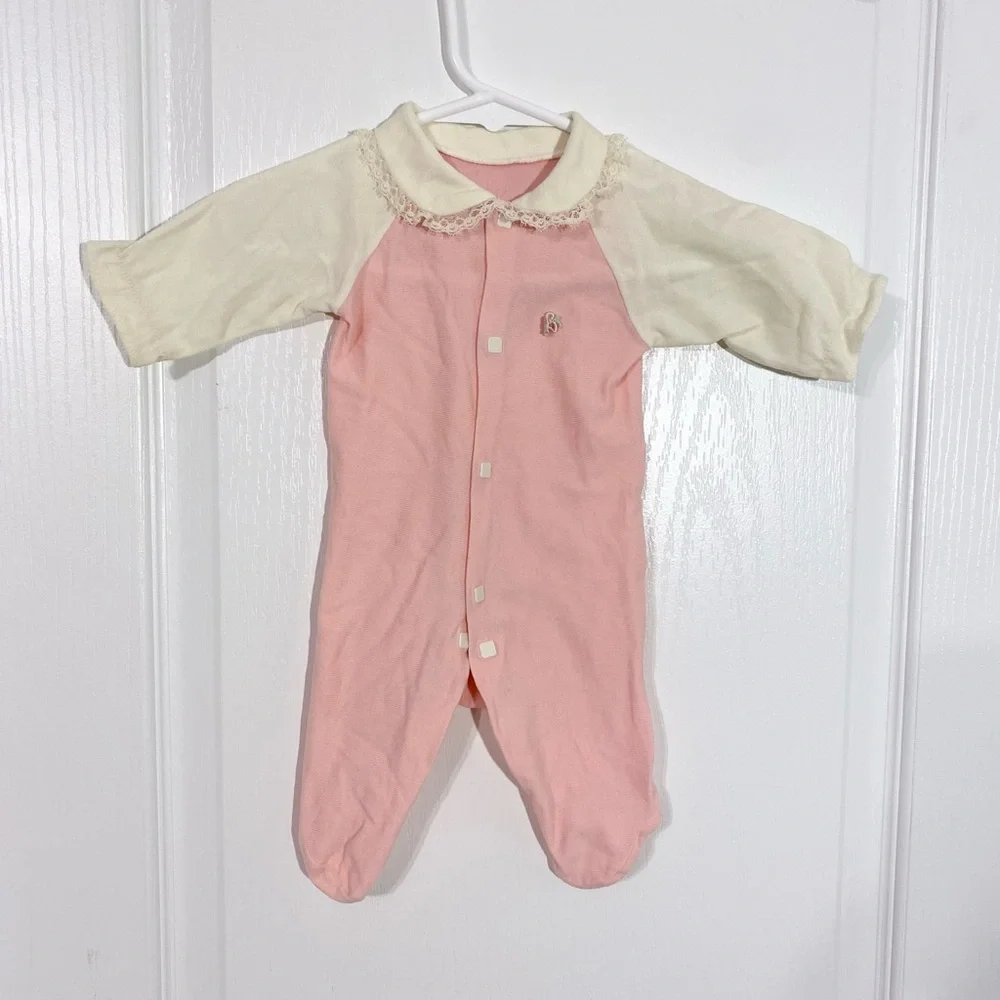 70s Lace Collar Footed Onesie Vintage Pink Cream Newborn